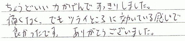 ちょうどいい力加減ですっきりしました。痛くなく、でもツライところに効いている感じで良かったです。ありがとうございました。