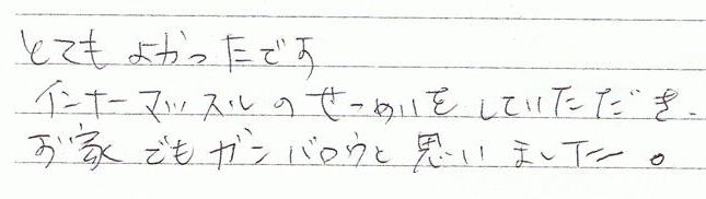 とてもよかったです。インナーマッスルの説明をしていただき、お家でもガンバロウと思いました。