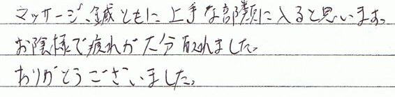 �}�b�T�[�W�A�I�Ƃ��ɏ��ȕ��ނɓ���Ǝv���܂��B���A�l�Ŕ�ꂪ�啪���܂����B���肪�Ƃ��������܂����B