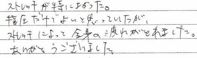 �X�g���b�`�����ɗǂ������B�w�������ŗǂ��Ǝv���Ă������A�X�g���b�`�ɂ���đS�g�̔�ꂪ�Ƃ�܂����B