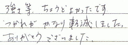 強さ等、ちょうどよかったです。つかれがかなり軽減しました。ありがとうございました。