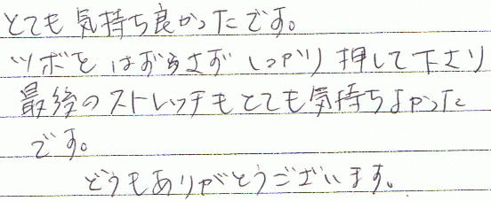 �ƂĂ��C�����悩�����ł��B�c�{���͂������������艟���ĉ�����Ō�̃X�g���b�`���ƂĂ��C�����悩�����ł��B�ǂ������肪�Ƃ��������܂��B