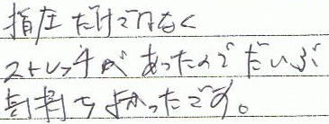 指圧だけでなくストレッチがあったのでだいぶ気持ちよかったです。