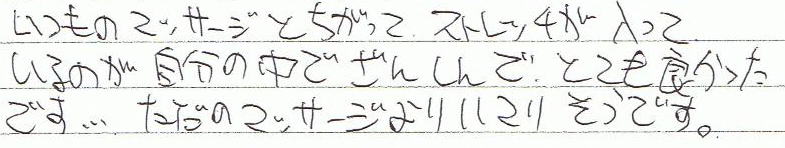 �����̃}�b�T�[�W�ƈ���āA�X�g���b�`�������Ă���̂������̒��Ŏa�V�ŁA�ƂĂ��ǂ������ł��B�����̃}�b�T�[�W���n�}�肻���ł��B