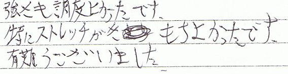 強さも調度良かったです。特にストレッチが気持ち良かったです。有難うございました。