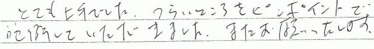 とても上手でした。つらいところをピンポイントで施術していただきました。またお願いします。